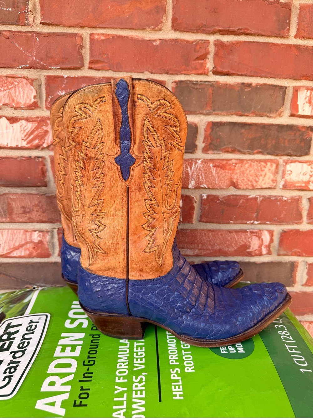 Lucchese Blue Leather Foot with Tan Embroidered Shaft Cowboy Boots